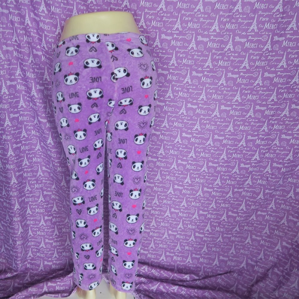 Panda bear kids pj pajama nightgown sleep bottoms in purple, white and black L